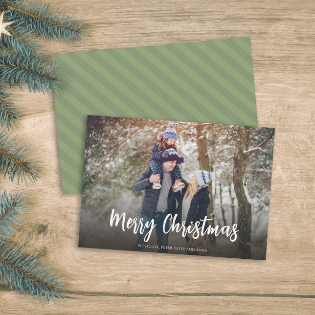 Merry Christmas One Photo Green Stripes Holiday Card (Creator Uploaded)
