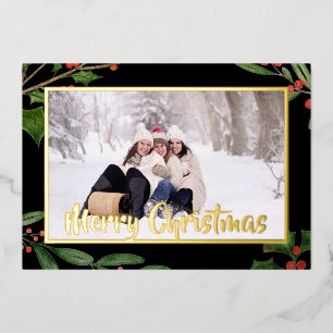 Merry Christmas One Photo Holly Frame Dark  Foil Holiday Card