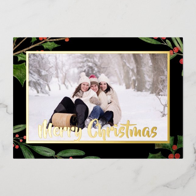 Merry Christmas One Photo Holly Frame Dark  Foil Holiday Card (Front)