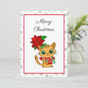 Merry Christmas   Orange Cat with Poinsettia   