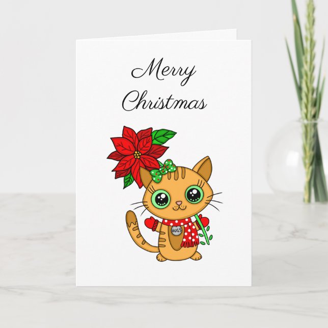 Merry Christmas | Orange Cat with Poinsettia Card (Front)