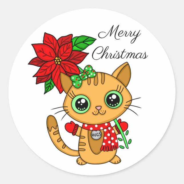 Merry Christmas | Orange Cat with Poinsettia Classic Round Sticker (Front)