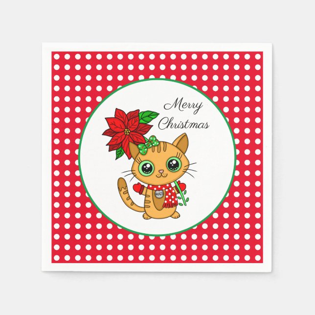 Merry Christmas | Orange Cat with Poinsettia  Napkin (Front)