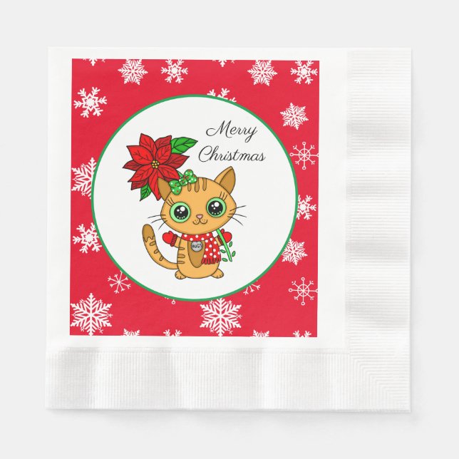 Merry Christmas | Orange Cat with Poinsettia  Napkin (Front)