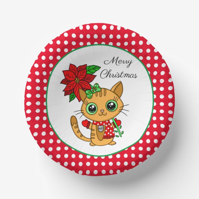 Merry Christmas | Orange Cat with Poinsettia    Paper Plate (Front)