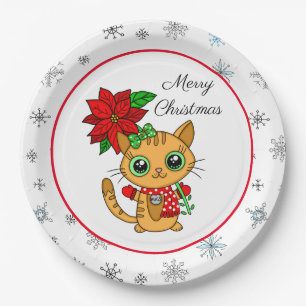 Merry Christmas   Orange Cat with Poinsettia  Paper Plate