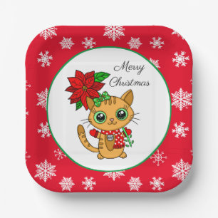 Merry Christmas   Orange Cat with Poinsettia   Paper Plate