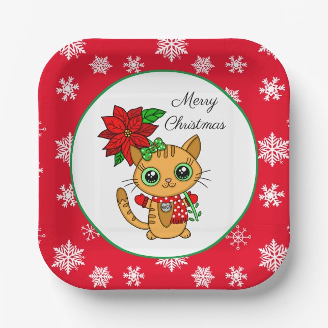 Merry Christmas | Orange Cat with Poinsettia   Paper Plate (Front)