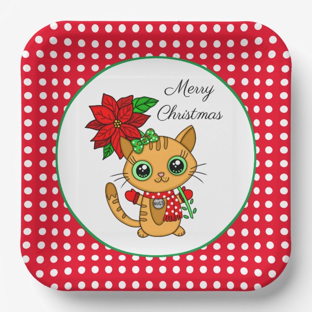 Merry Christmas | Orange Cat with Poinsettia    Paper Plate (Front)