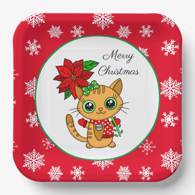 Merry Christmas | Orange Cat with Poinsettia     Paper Plate (Front)