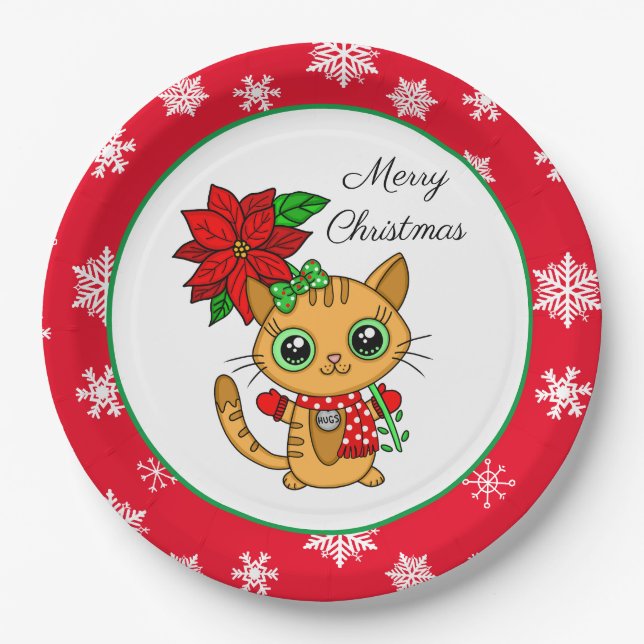 Merry Christmas | Orange Cat with Poinsettia   Paper Plate (Front)