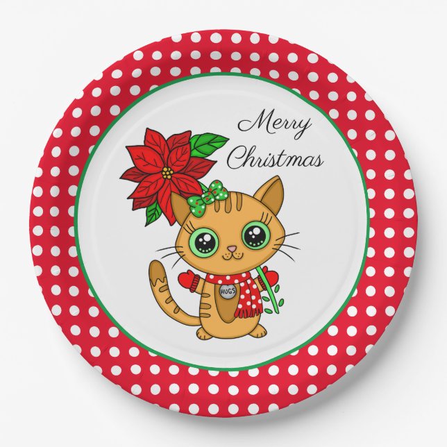 Merry Christmas | Orange Cat with Poinsettia    Paper Plate (Front)
