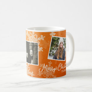 Merry Christmas Orange Snowflakes Photo Collage  Coffee Mug