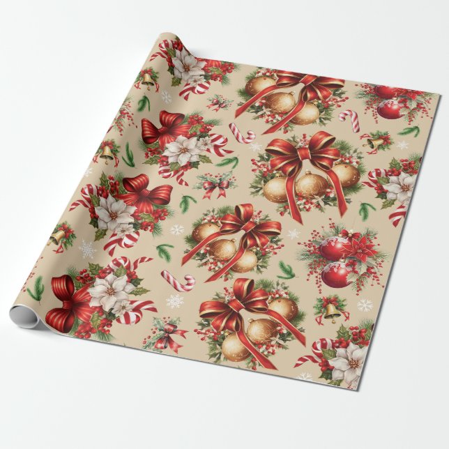 Merry Christmas Ornament Holly Berries Poinsettia  Wrapping Paper (Unrolled)