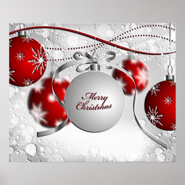 Merry Christmas Ornament in Silver and Red Poster (Front)