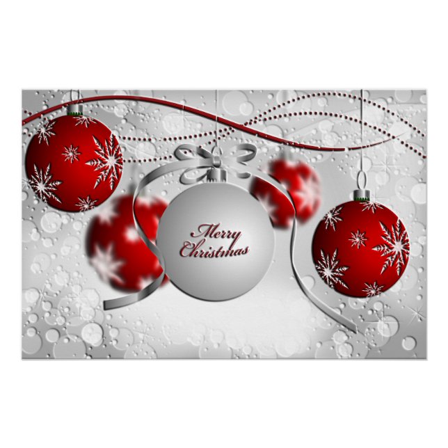Merry Christmas Ornament in Silver and Red Poster (Front)