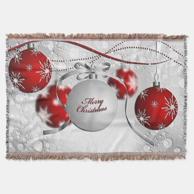Merry Christmas Ornament in Silver and Red Throw Blanket (Front)