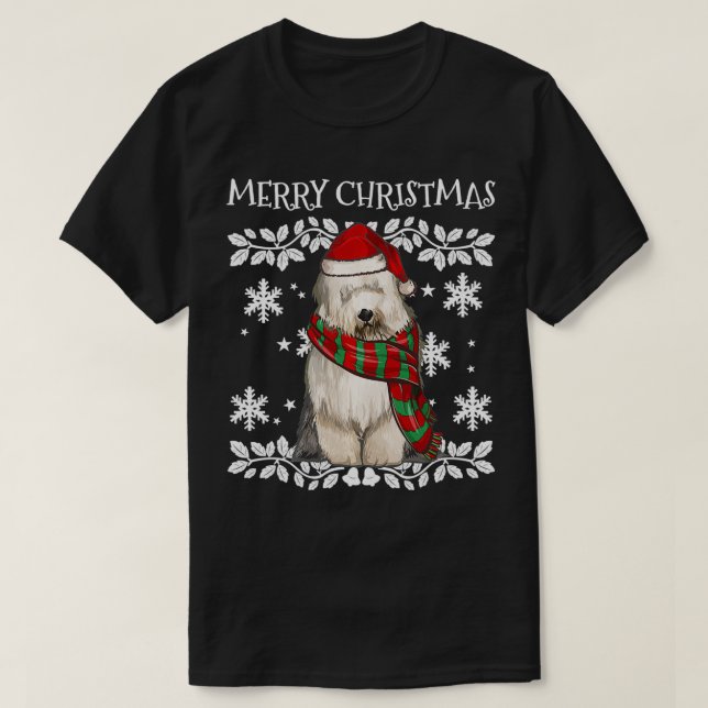 Merry Christmas Ornament Old English Sheepdog Xmas T-Shirt (Design Front)