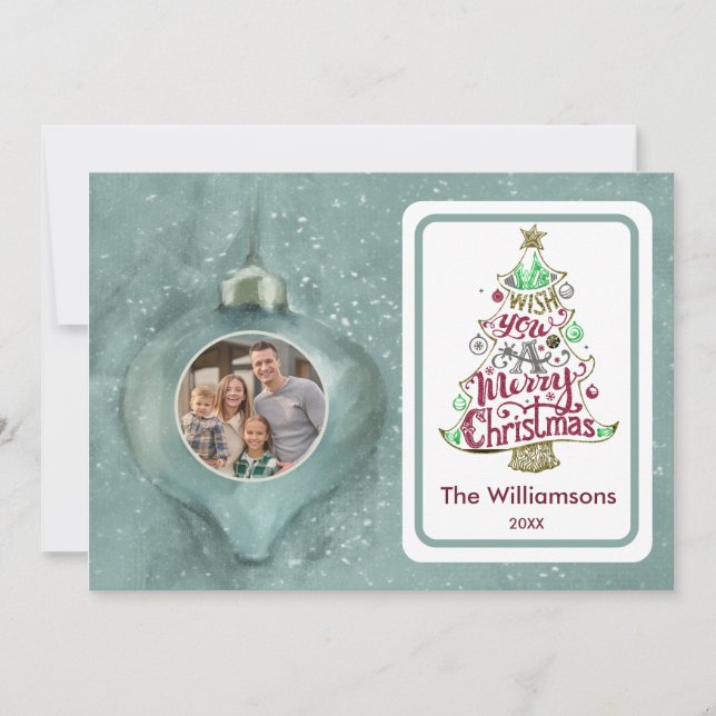 Merry Christmas Ornament Personalised Family Photo Card (Front)