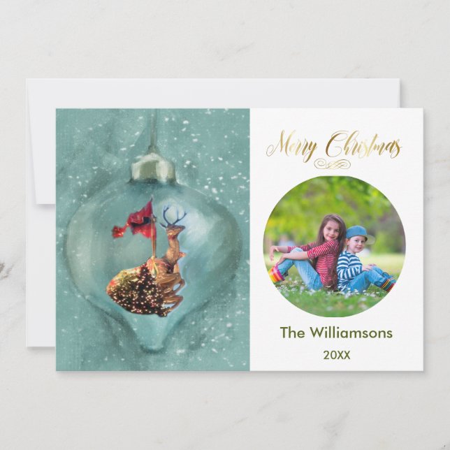 Merry Christmas Ornament Reindeer Family Photo Card (Front)