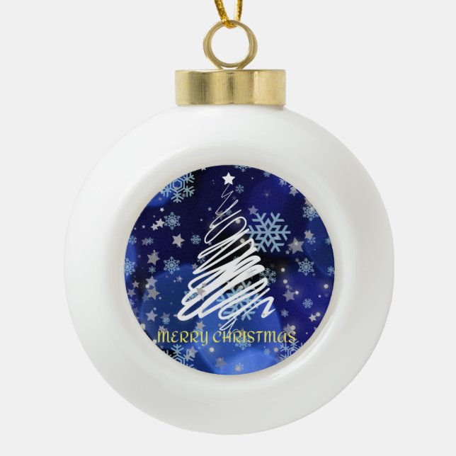 "Merry Christmas" Ornament White on Blue (Front)