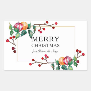 merry Christmas ornaments and berries gold frame Rectangular Sticker