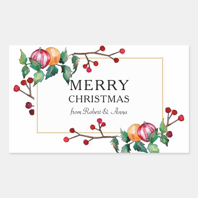 merry Christmas ornaments and berries gold frame Rectangular Sticker (Front)