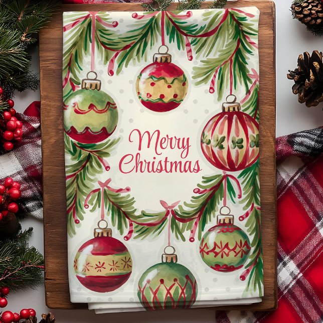 Merry Christmas Ornaments and Pine Branches Tea Towel (Creator Uploaded)