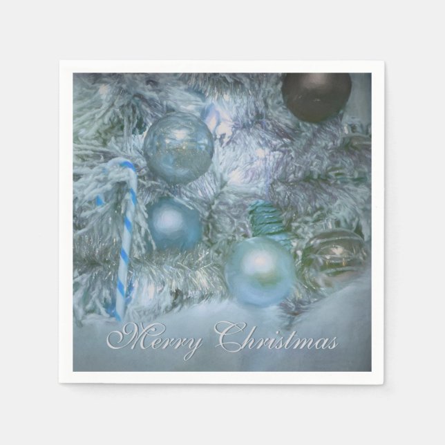 Merry Christmas Ornaments Blue Teal Holiday Tree Napkin (Front)