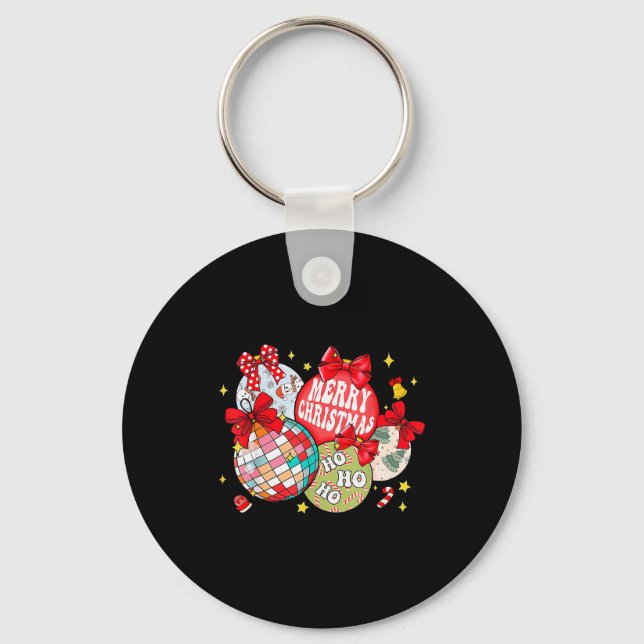 Merry Christmas Ornaments Disco Ball Coquette Bow  Key Ring (Front)