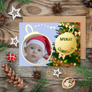 Merry Christmas Ornaments - Family Photo  Gold Foil Holiday Card