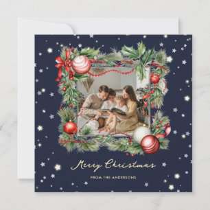 Merry Christmas Ornaments Holly Wreath Blue Photo Holiday Card