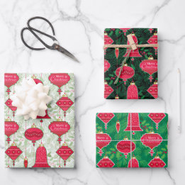 Merry Christmas Ornaments With Pine Branches Holly Wrapping Paper Sheet