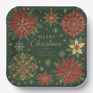 Merry Christmas Ornate Poinsettia Mandala Paper Plate