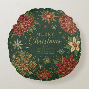Merry Christmas Ornate Poinsettia Mandala Round Cushion