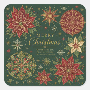 Merry Christmas Ornate Poinsettia Mandala Square Sticker