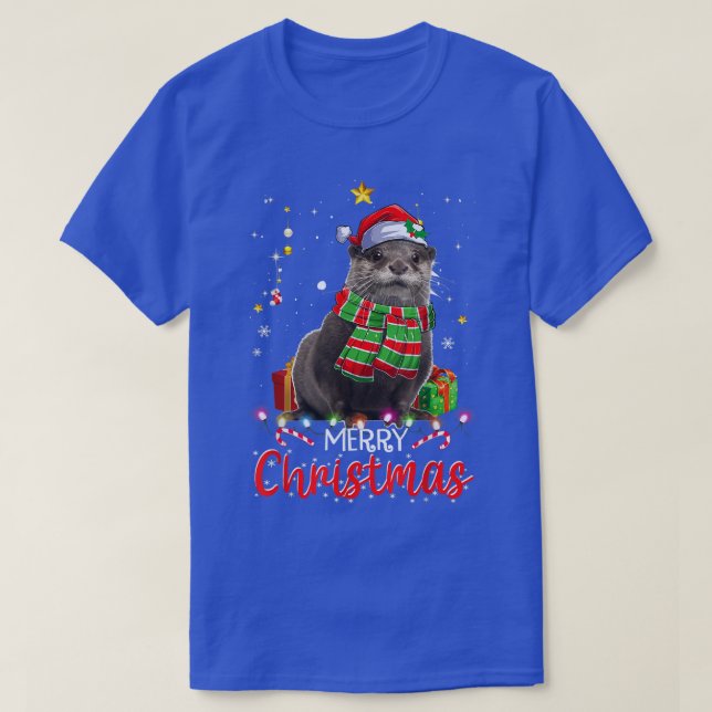 Merry Christmas Otter Santa Hat Tree Lights Pajama T-Shirt (Design Front)