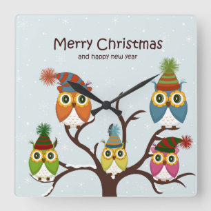 Merry Christmas Owls on the Tree Square Wall Clock