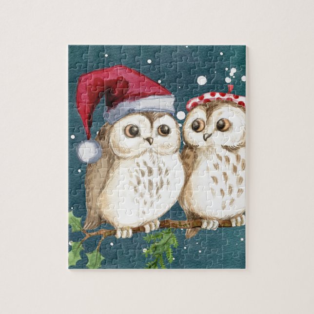 Merry Christmas Owls Watercolor Card Winter Snow Jigsaw Puzzle (Vertical)
