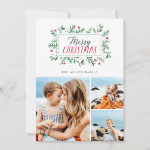 Merry Christmas Painted Botanicals 3 Photo Holiday Card