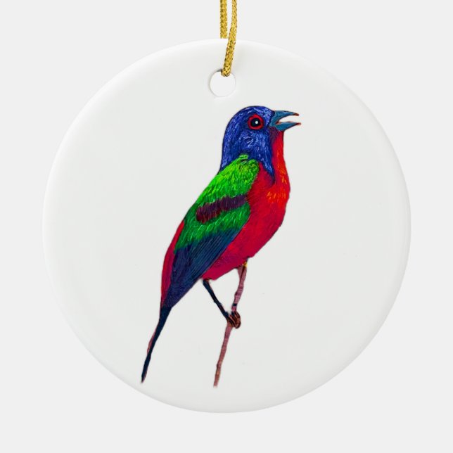 Merry Christmas ~Painted Bunting~ Ceramic Ornament (Front)