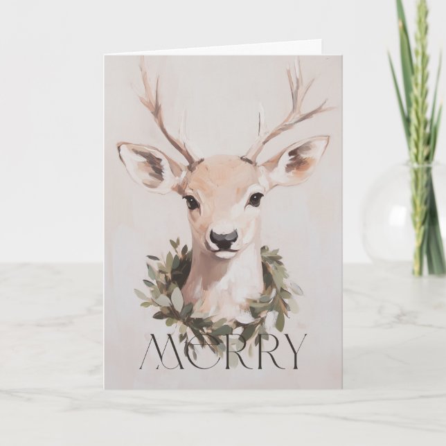 Merry Christmas Painterly Deer Design Holiday Card (Front)