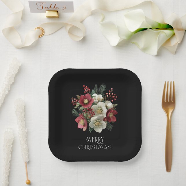 Merry Christmas Painterly Hellebore Holiday Design Paper Plate (Wedding)