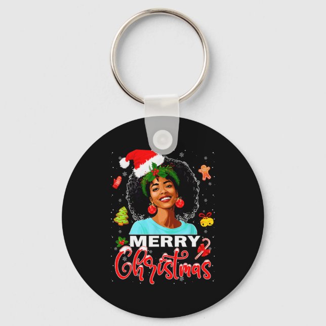 Merry Christmas Pajamas Afro Girls Women &amp; San Key Ring (Front)