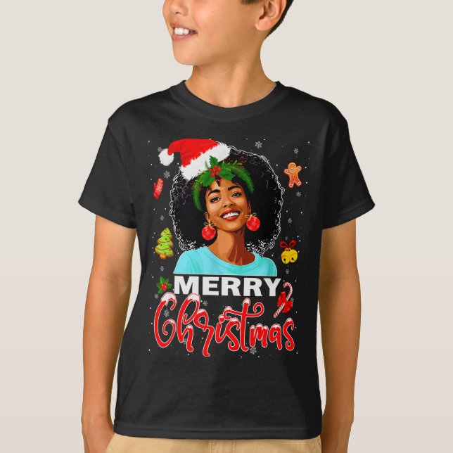Merry Christmas Pajamas Afro Girls Women &amp; San T-Shirt (Front)