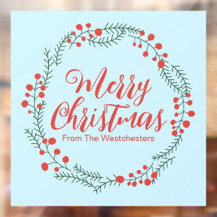Merry Christmas pale blue red script rustic wreath Window Cling