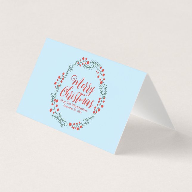 Merry Christmas pale blue script wreath card (Front)