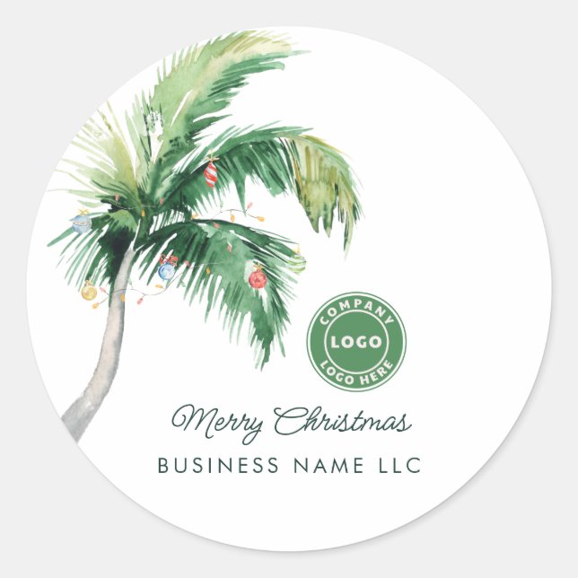 Merry Christmas Palm Tree Coastal Business Logo Classic Round Sticker (Front)