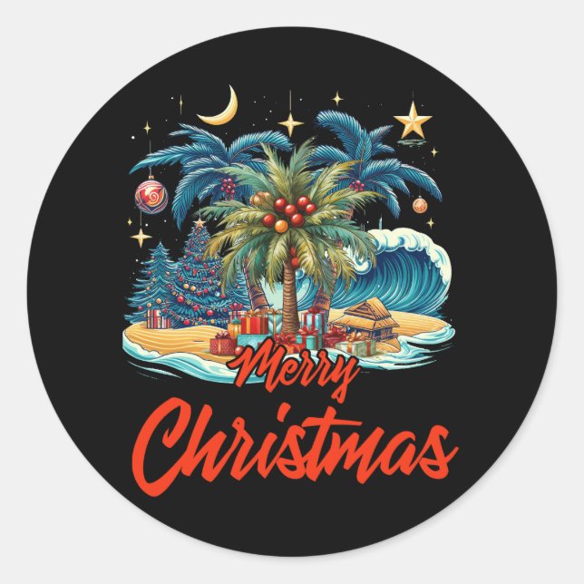 Merry Christmas Palm Tree Hawaii Hawaiian Tropical Classic Round Sticker (Front)