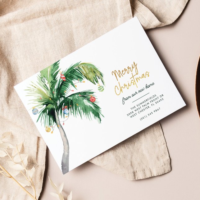 Merry Christmas Palm Tree Holiday Moving Announcement Postcard (Merry Christmas Family Moving Annoucement)